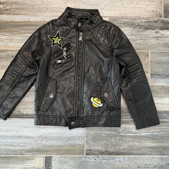 Black Faux Leather Jacket Urban Republic T4 Biker Cute Space Invader Patches - Picture 1 of 8